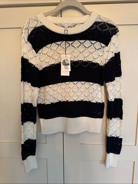 Milly Striped Pointelle Crewneck Pullover Sweater
